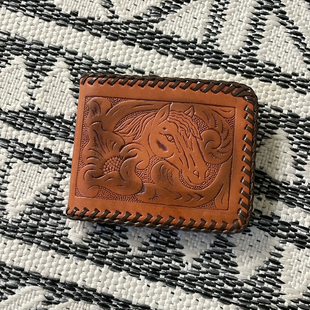 VTG Hand-Stitched Leather Wallet with Horse/Floral Pattern